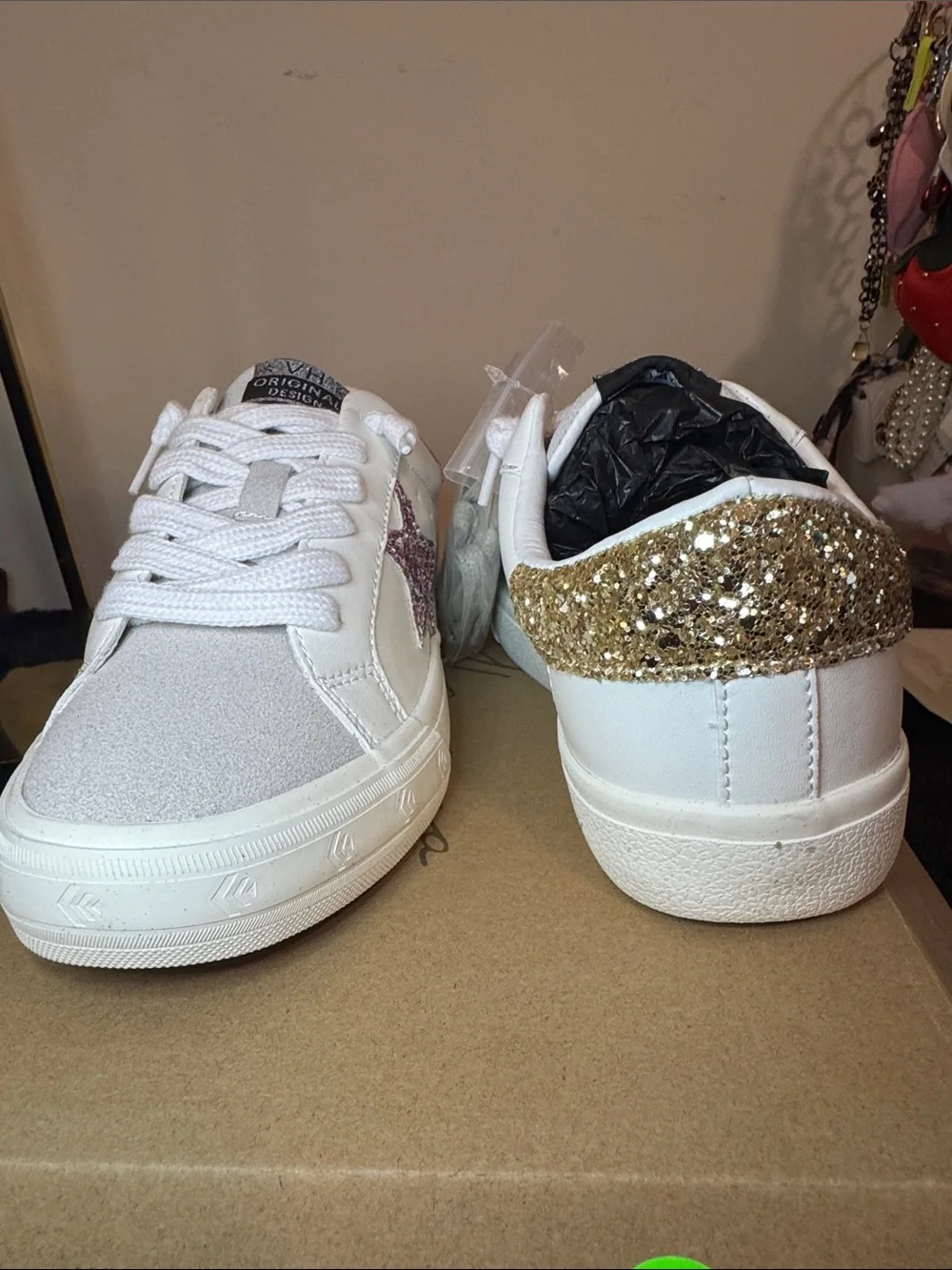 Vintage Havana White Sneakers with Gold Heel and Multicolor Glitter Star